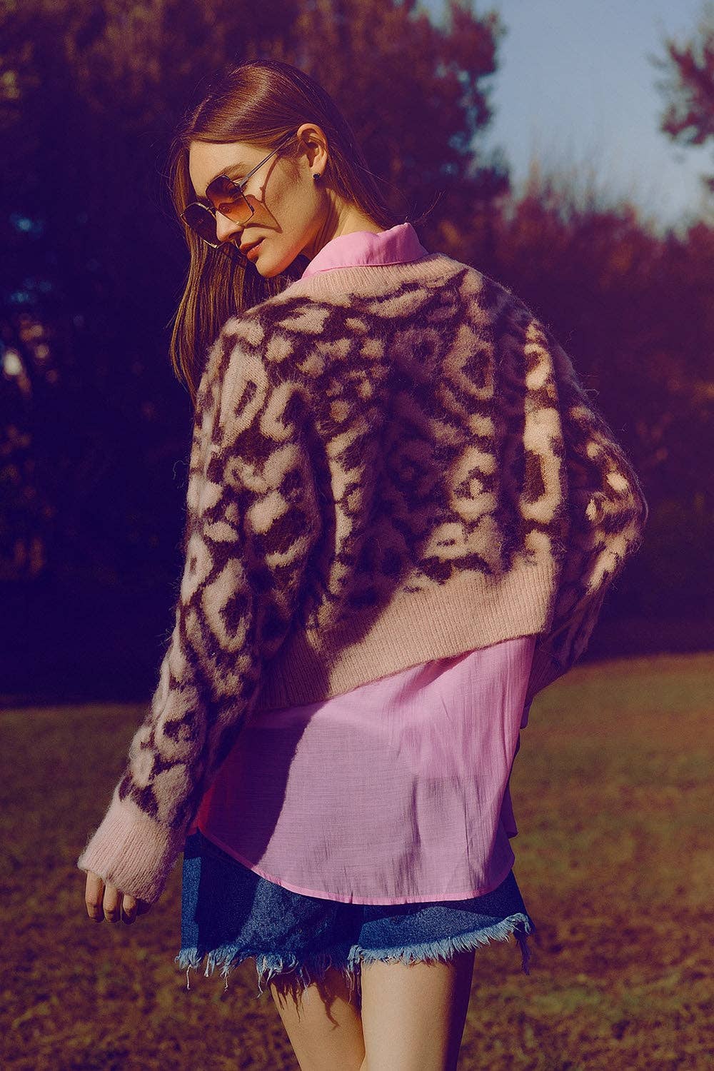 Leopardenmuster-Cardigan mit Wolle in Rosa