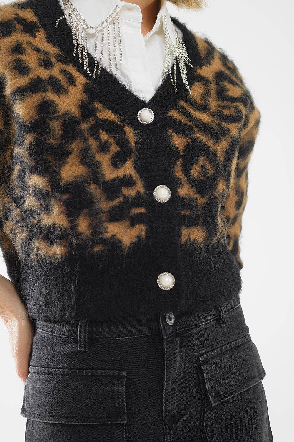 Leopardenmuster-Cardigan aus Strickstoff mit Wolle in Camel