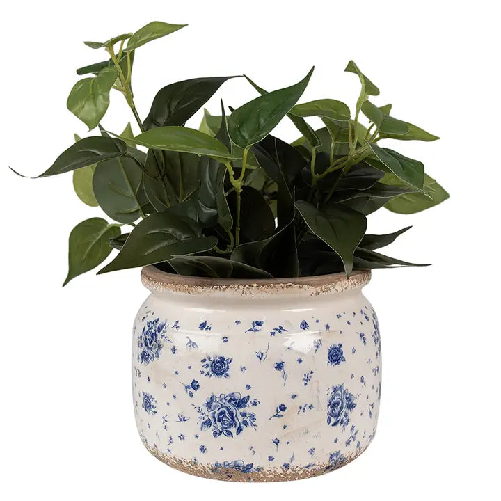 Pflanzgefäß Ø 20x15 cm blau beige Keramik Rosen Innenbereich