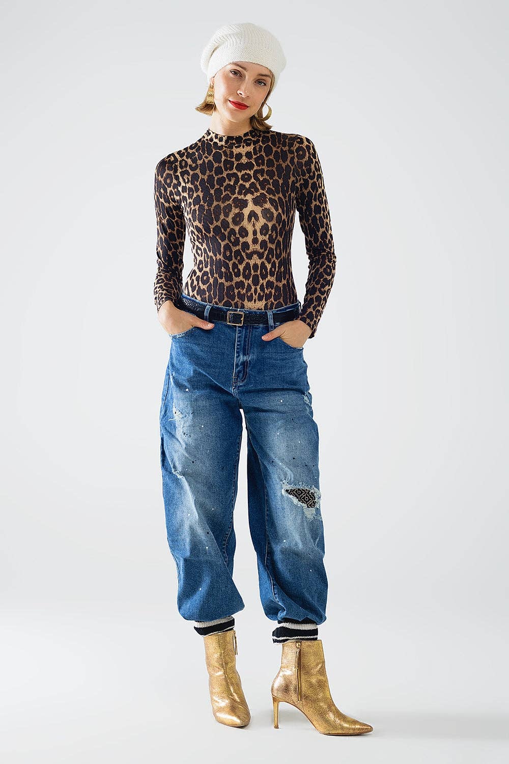 Langarmshirt / Body aus Elastan mit Leopardenmuster