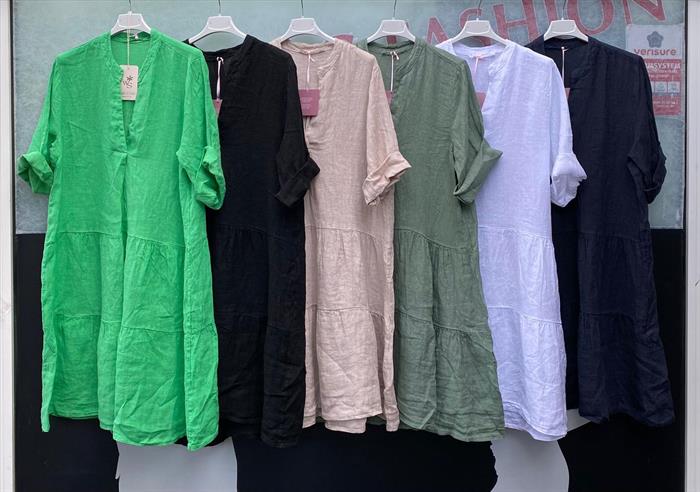 Leinen Kleid Stehkragen und Vollant