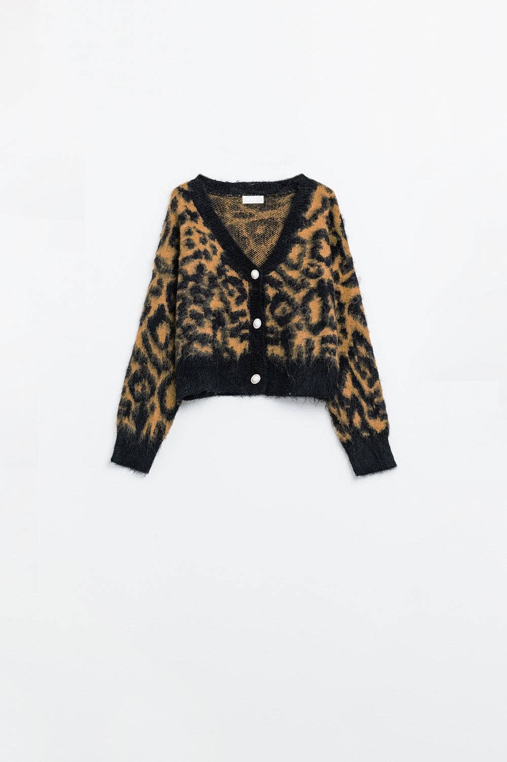 Leopardenmuster-Cardigan aus Strickstoff mit Wolle in Camel