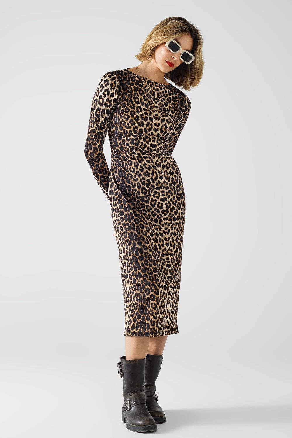 Spandexkleid mit Leopardenmuster und Faltendetail an der Taille