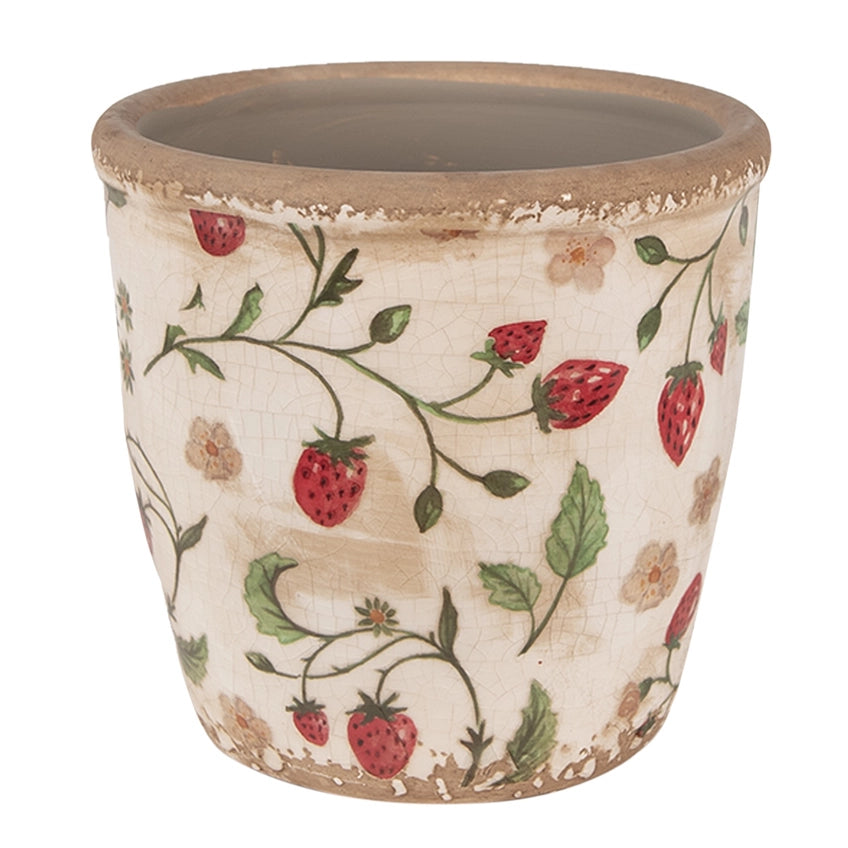 6CE1631S Pflanzgefäß Ø 13x13 cm Beige Rot Keramik mit Erdbeeren