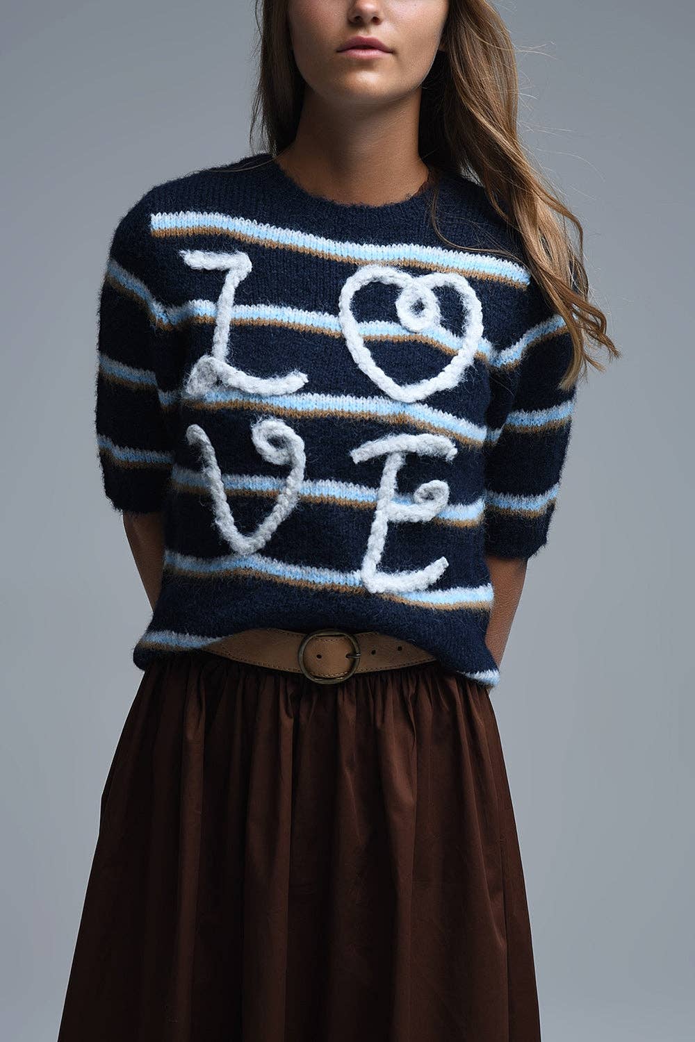 Kurzarm-Pullover mit gesticktem "Love"-Motiv in Marineblau