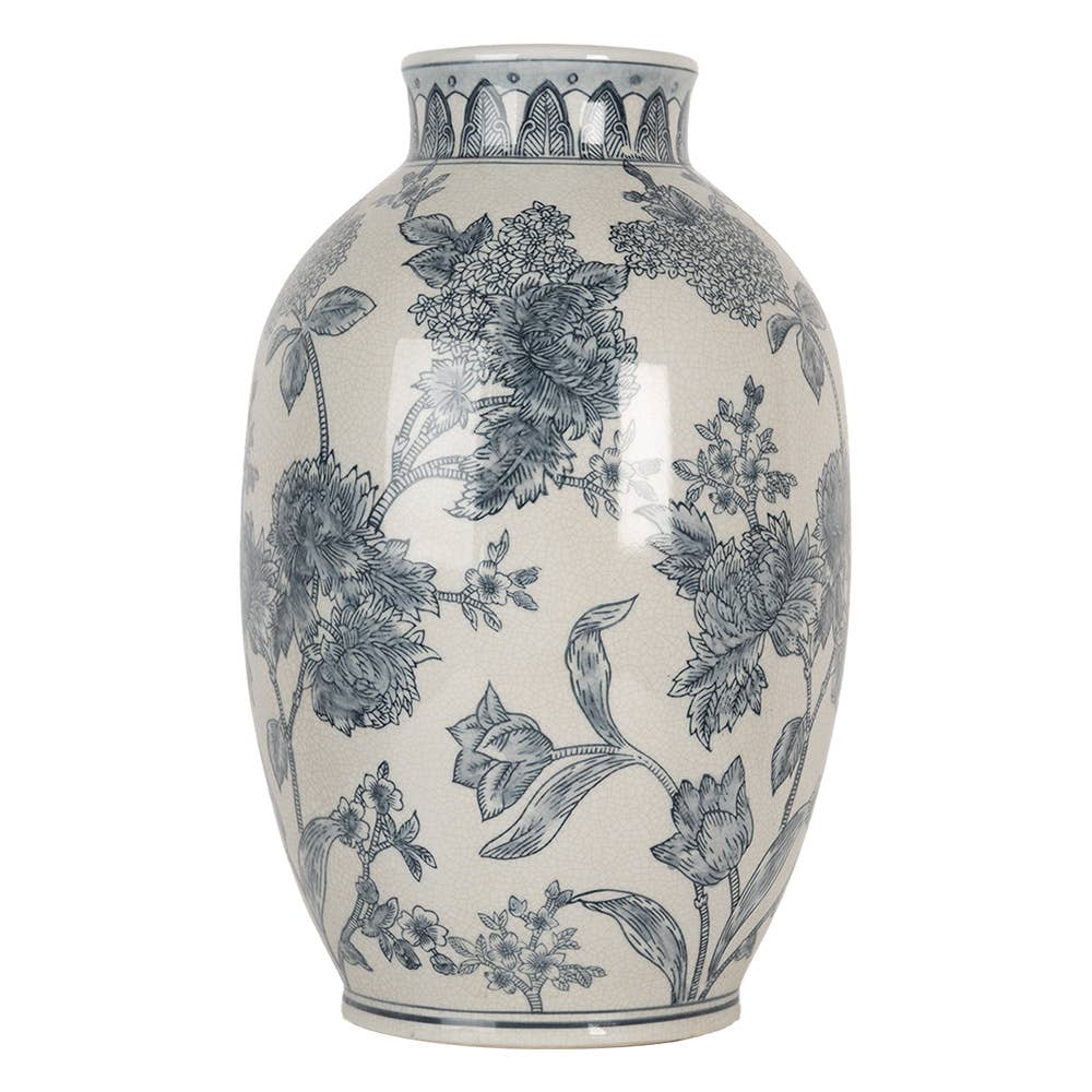 6CE2075 Vase Ø 22x36 cm Weiß Blau Keramik Blumen