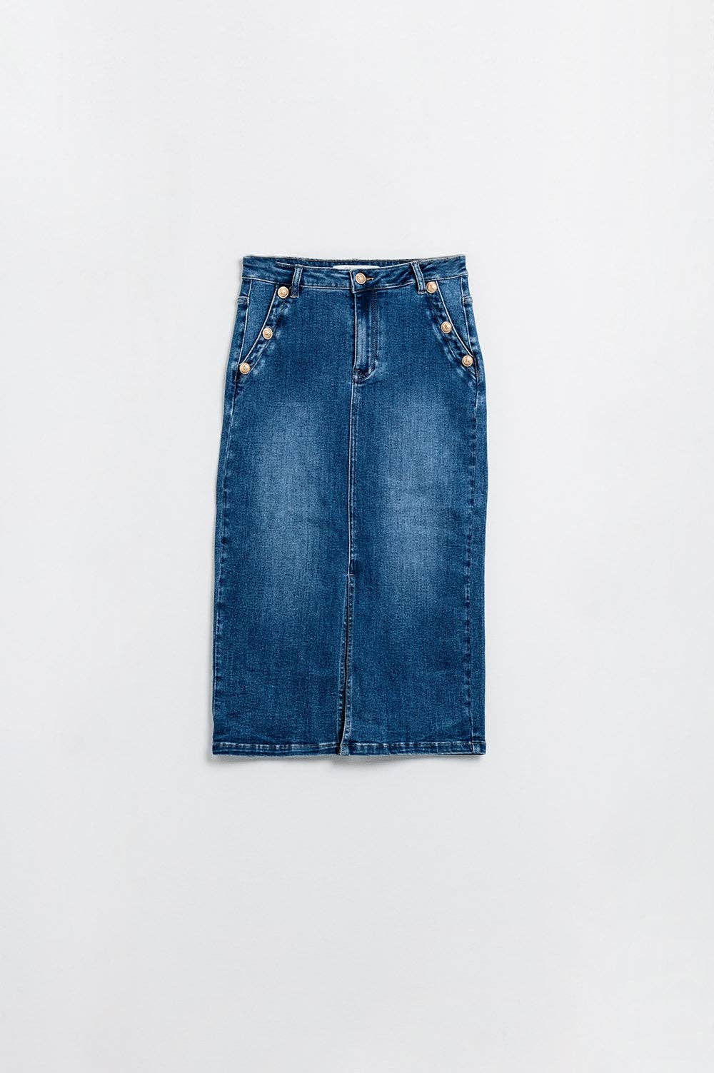 Stretch-Denim-Midirock mit goldenen Knopfdetails