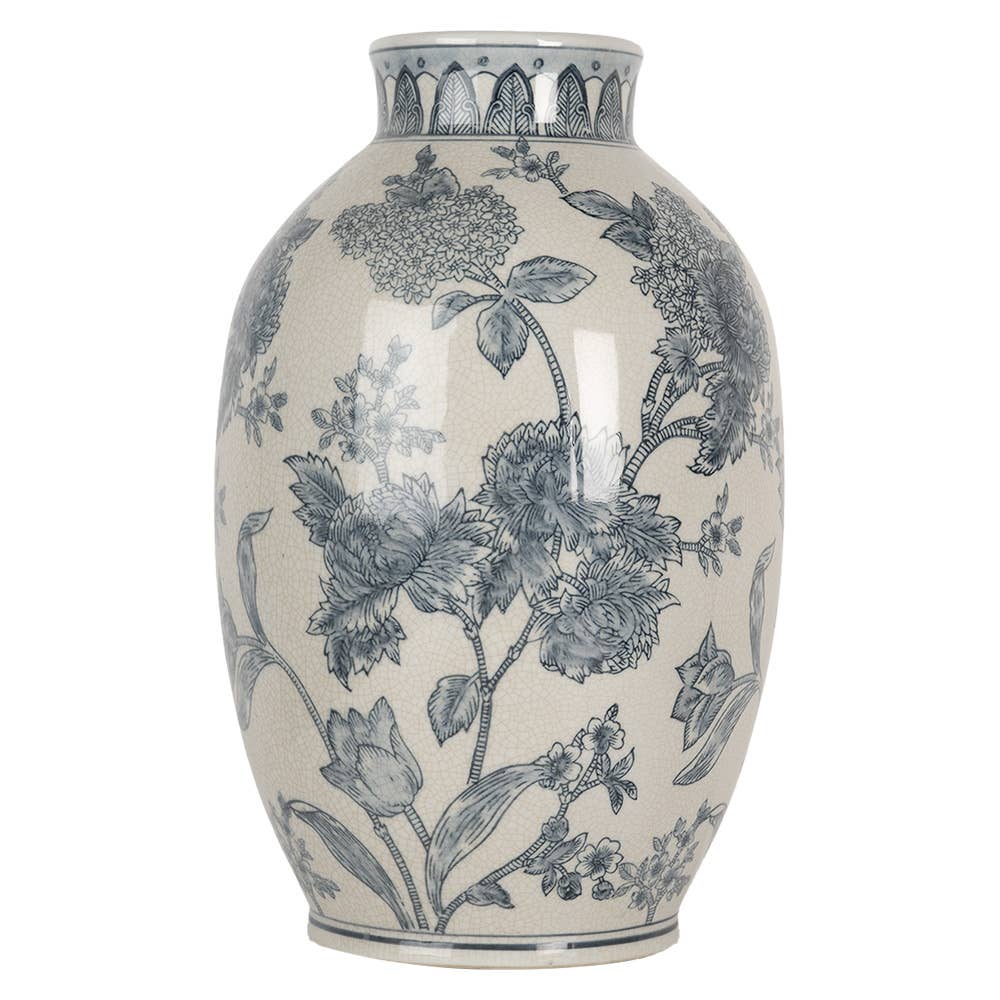 6CE2075 Vase Ø 22x36 cm Weiß Blau Keramik Blumen