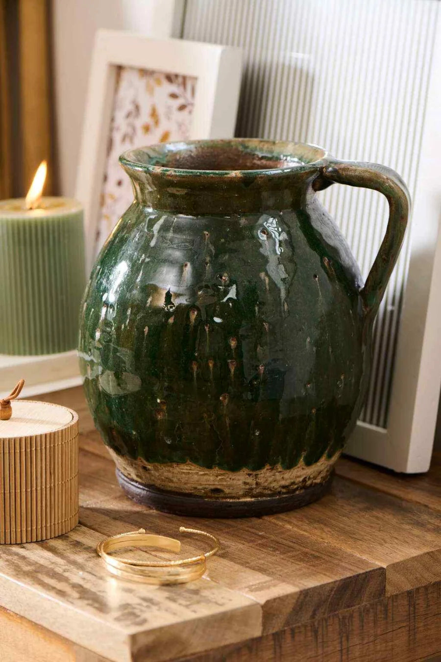 Vase mit Henkel rustikal grün Avignon