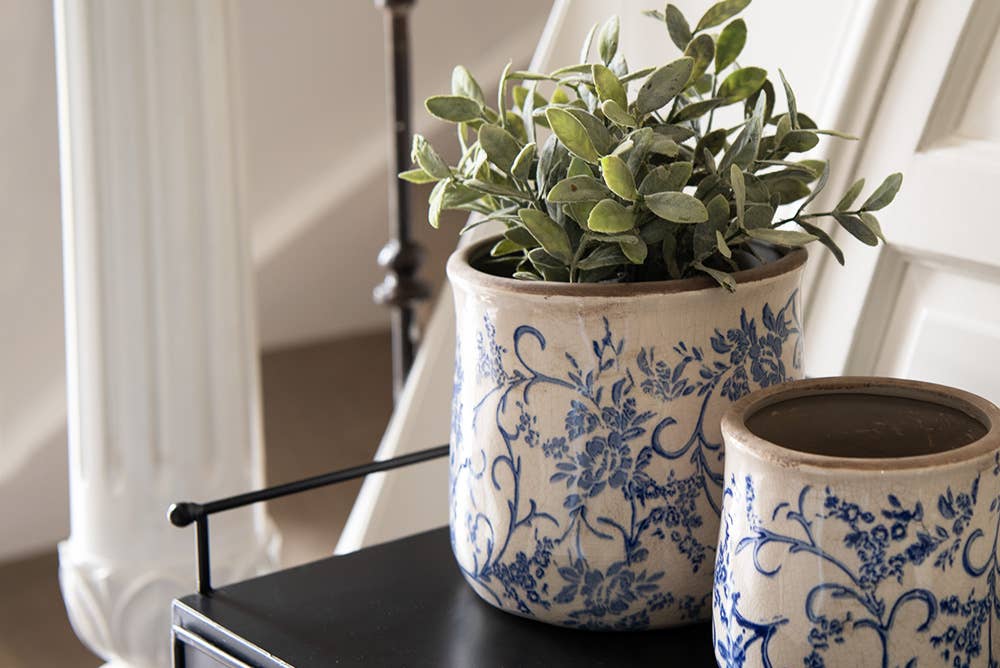 Pflanzgefäß Ø 12x11 cm Blau Weiß Keramik Blumen