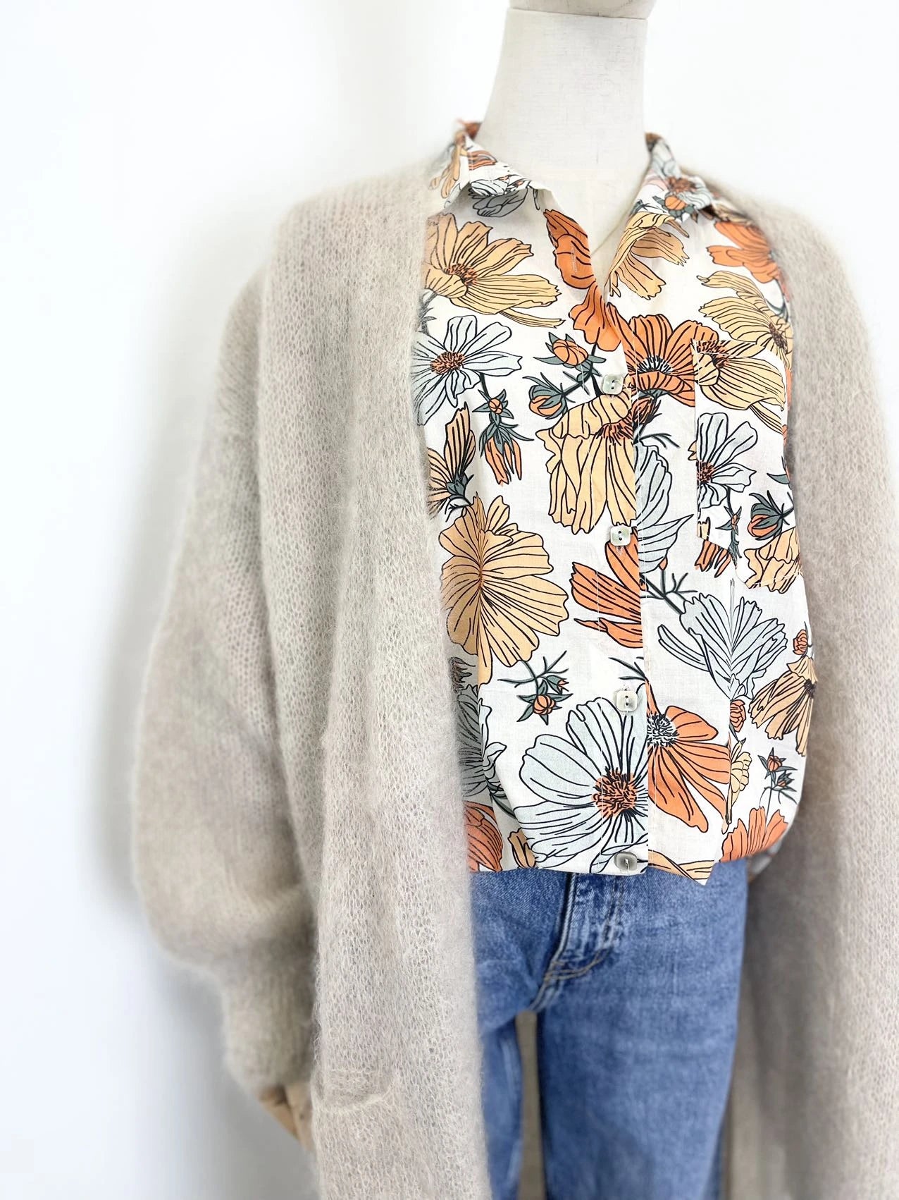 lange offene flauschige Strickjacke Mohair