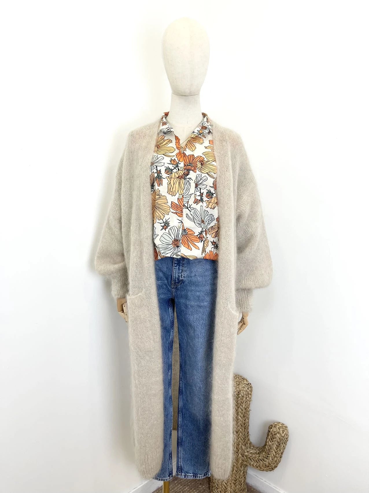lange offene flauschige Strickjacke Mohair