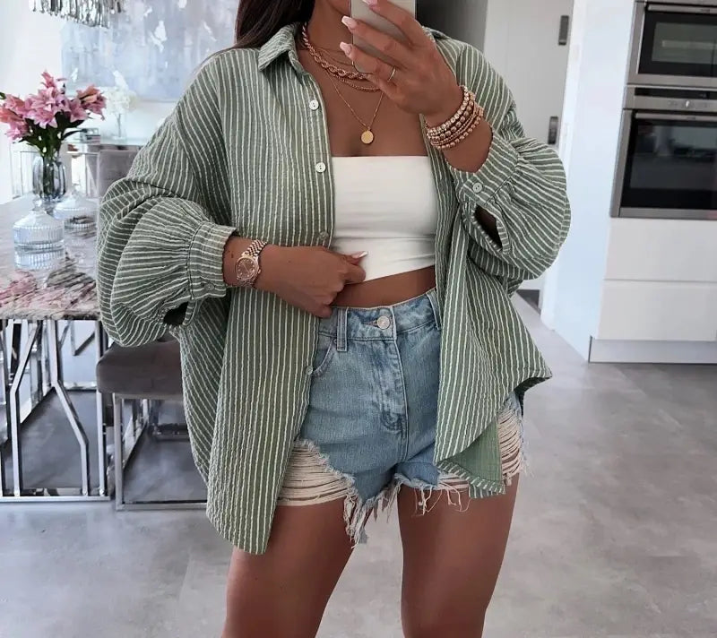 Gestreiftes Baumwoll-Gaze-Hemd - Khaki