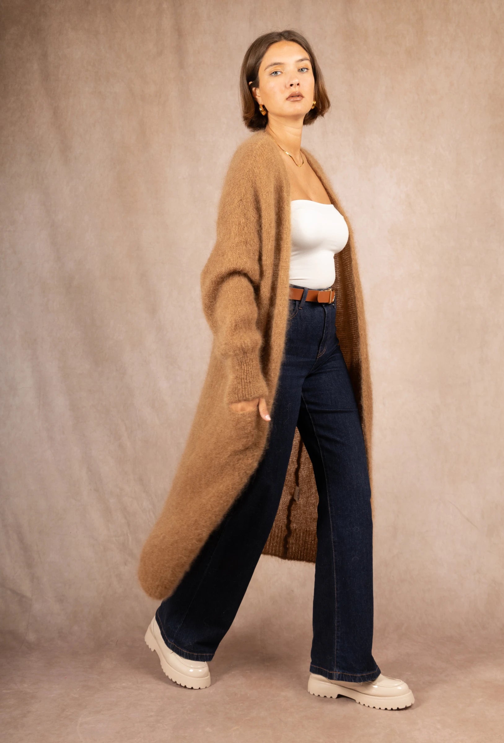lange offene flauschige Strickjacke Mohair