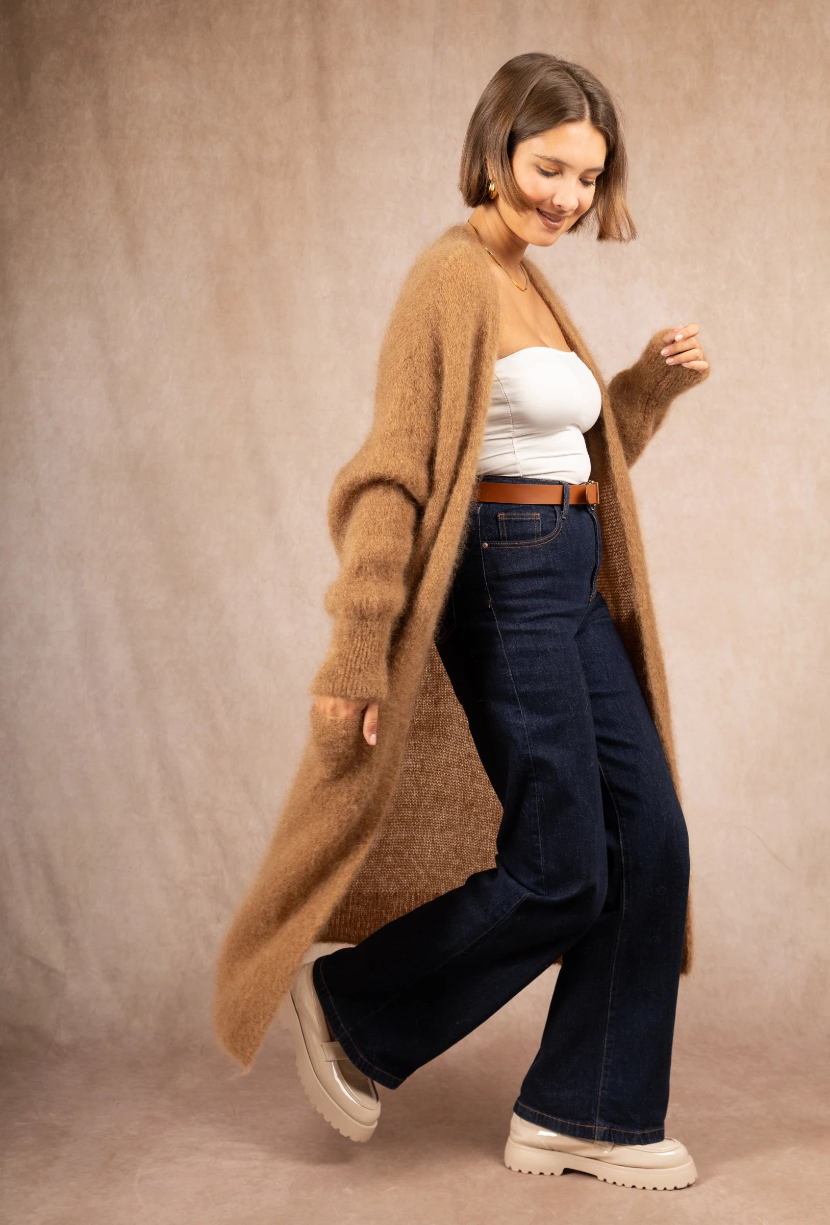 lange offene flauschige Strickjacke Mohair