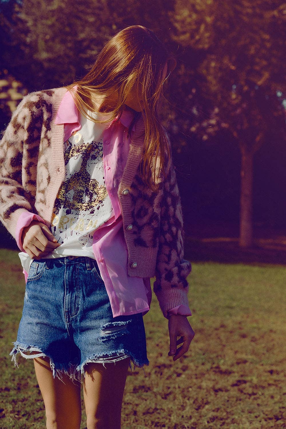 Leopardenmuster-Cardigan mit Wolle in Rosa