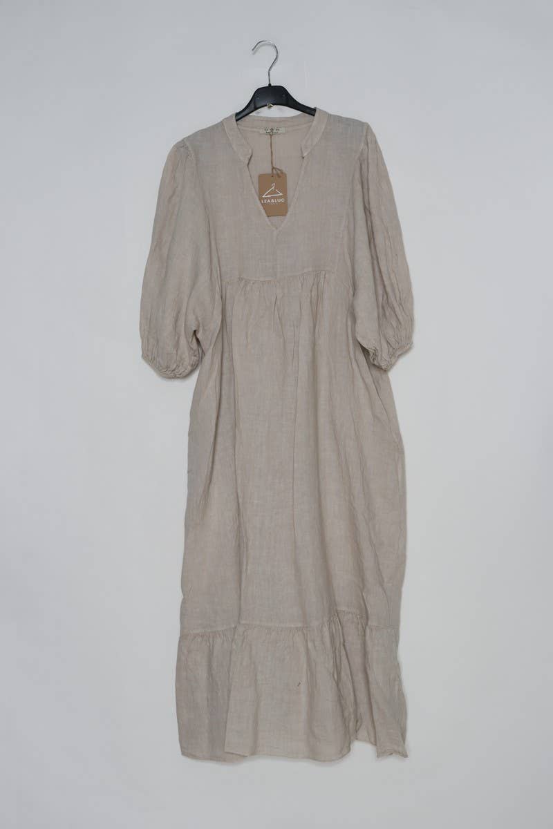 Kleid aus Leinen mit Volants und Stehkragen