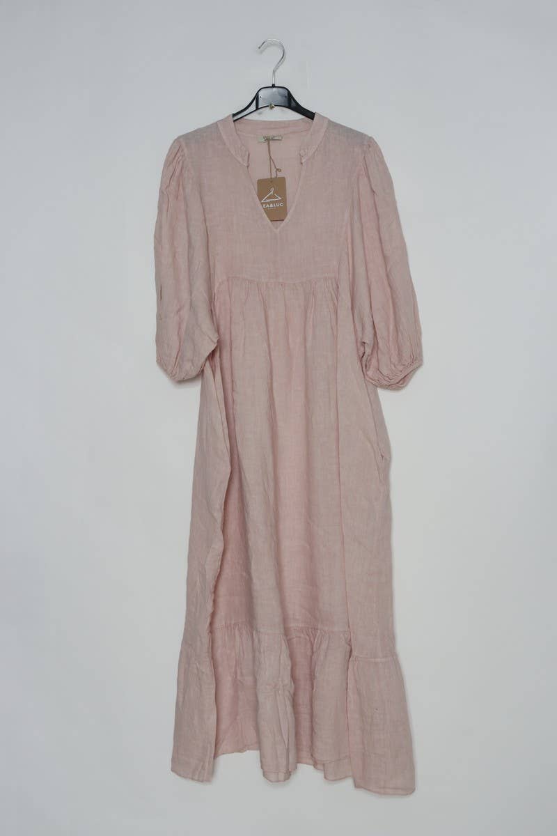 Kleid aus Leinen mit Volants und Stehkragen