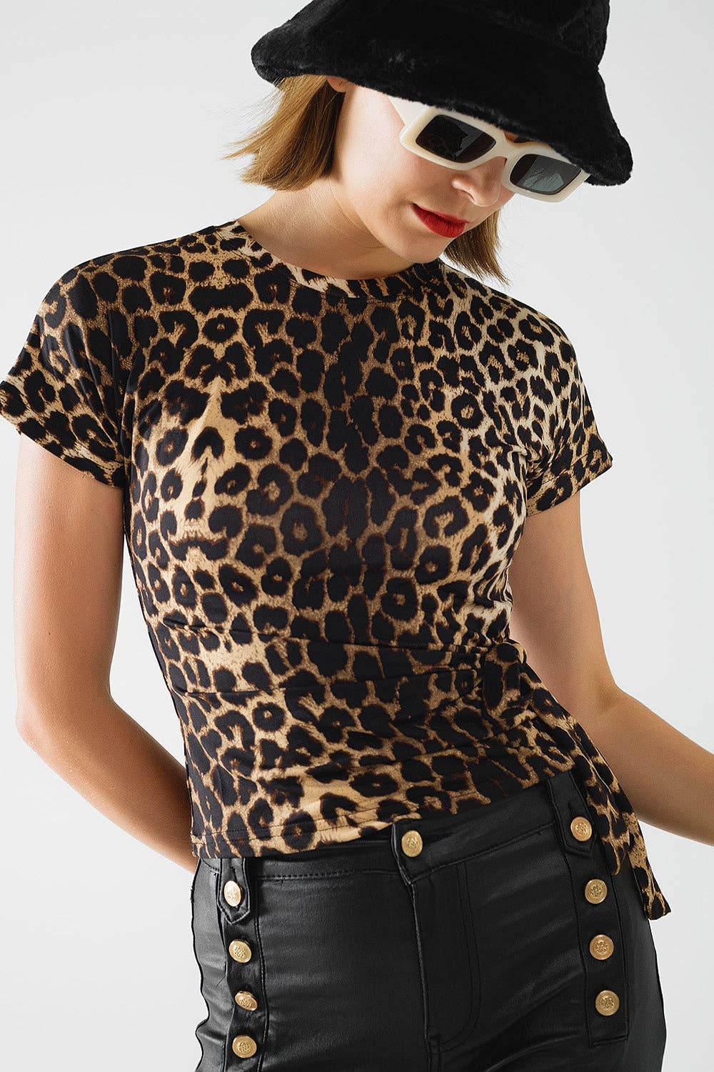 Spandex-T-Shirt mit Leopardenmuster und Schleifendetail