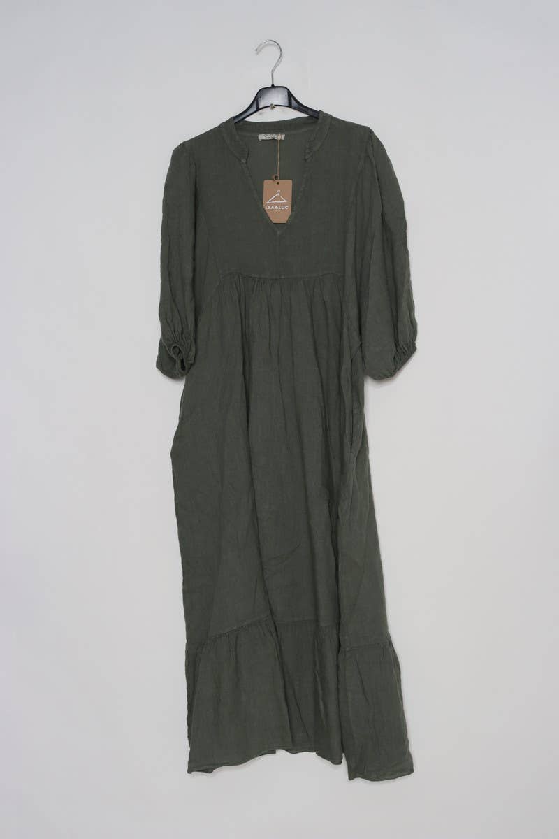 Kleid aus Leinen mit Volants und Stehkragen