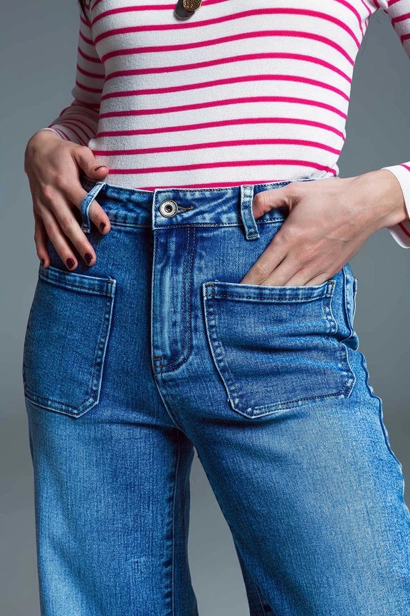 Jeans mit niedriger Taille, weitem Bein und Fronttasche im Marinestil