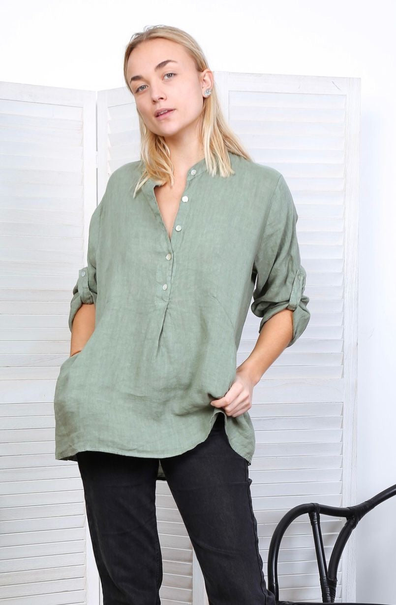 Leinenbluse mit 3/4 Ärmeln und Taschen