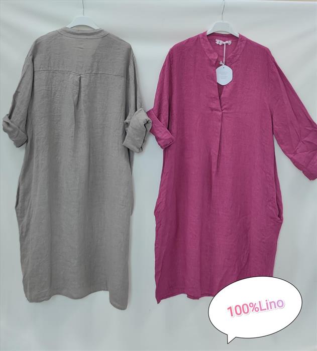 Leinenkleid mit Krempelärmel und Falten vorne und hinten