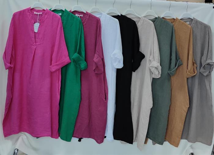 Leinenkleid mit Krempelärmel und Falten vorne und hinten