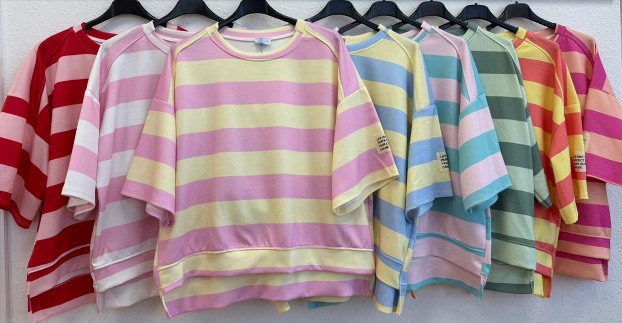 Streifen Kurzarm Shirt rot rosa