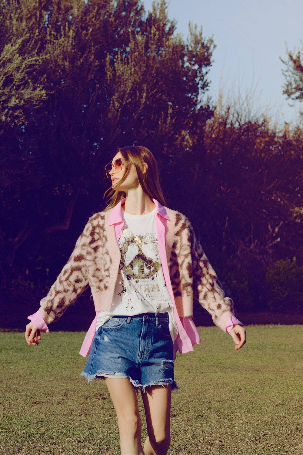 Leopardenmuster-Cardigan mit Wolle in Rosa
