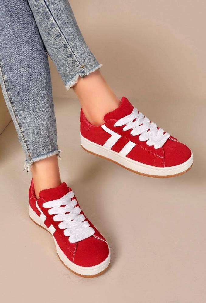 Trendige Damen-Sneaker mit flacher Sohle und doppeltem Schnürband ROT