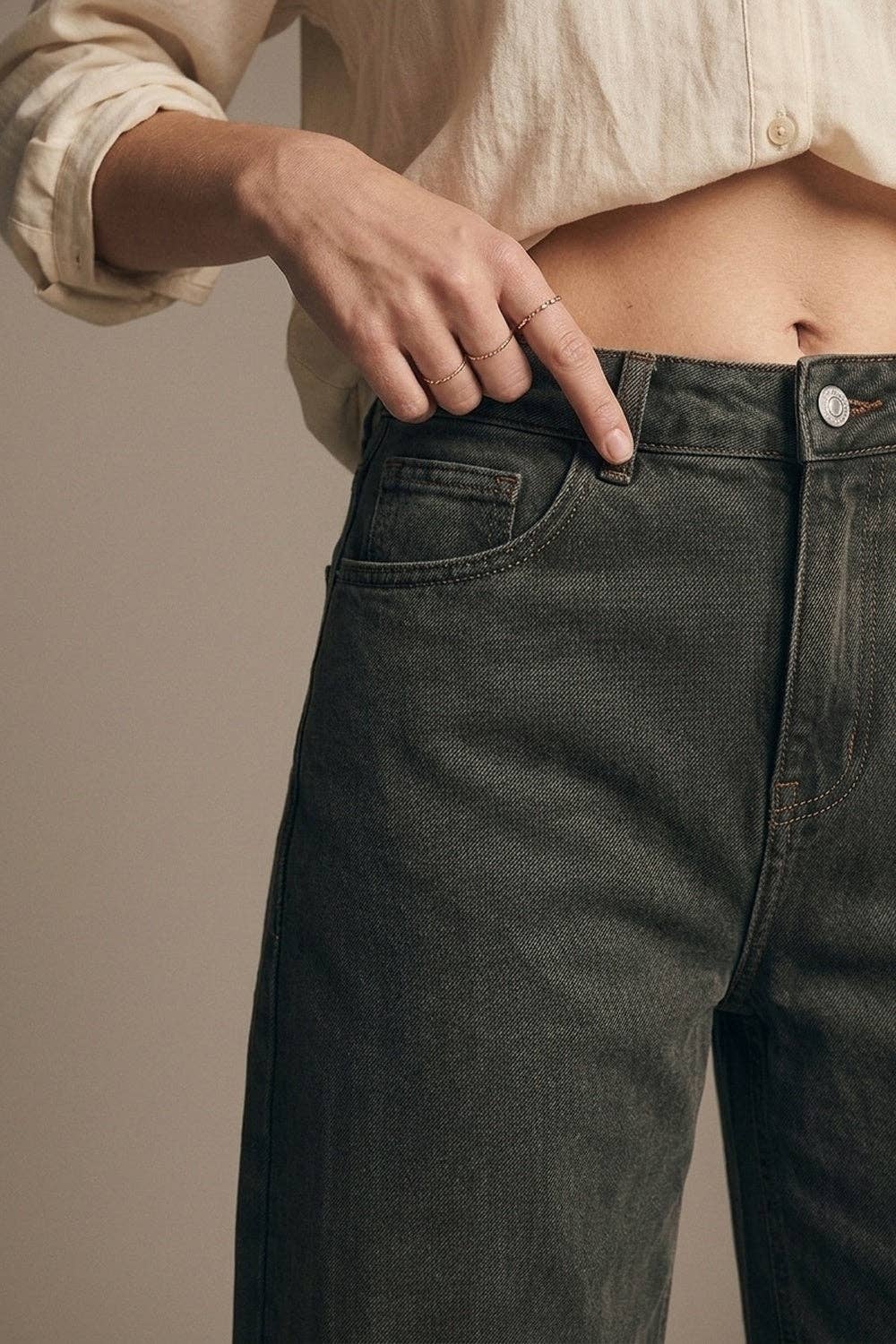 Khaki Vintage-Waschung Denim Wide-Leg-Jeans mit Naht am Knie