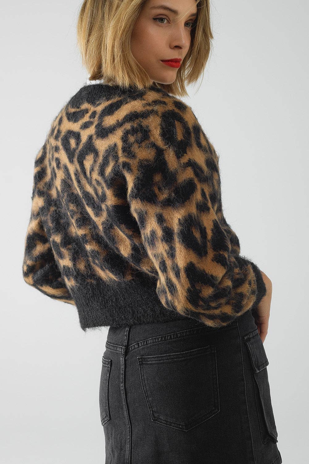 Leopardenmuster-Cardigan aus Strickstoff mit Wolle in Camel