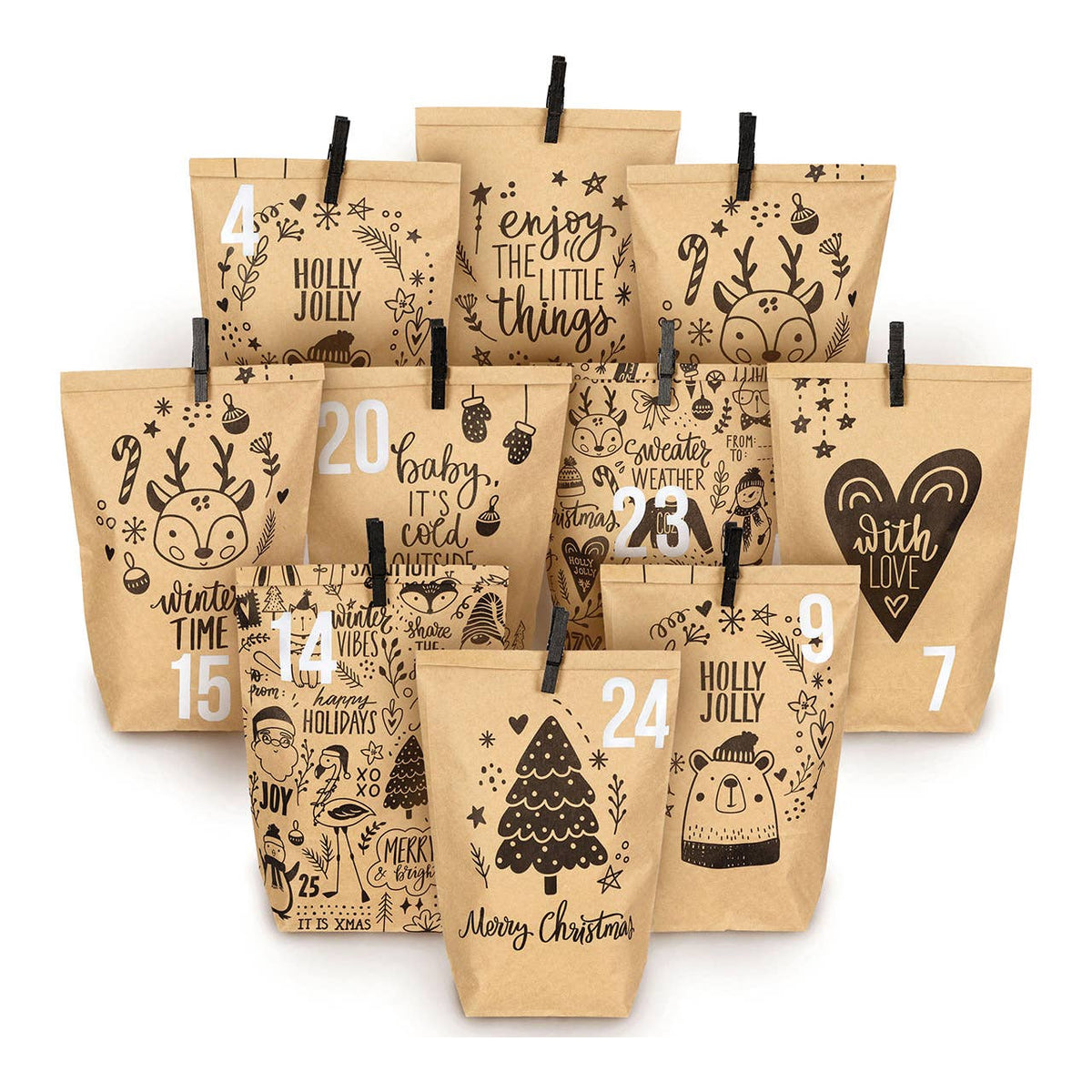 Adventskalender Kindermotive aus Packpapier/Holz, 24 bedruckte Tüten mit schwarzen Klammern, Weiß/Braun, 72tlg. (B/H/T) 24x21x2cm