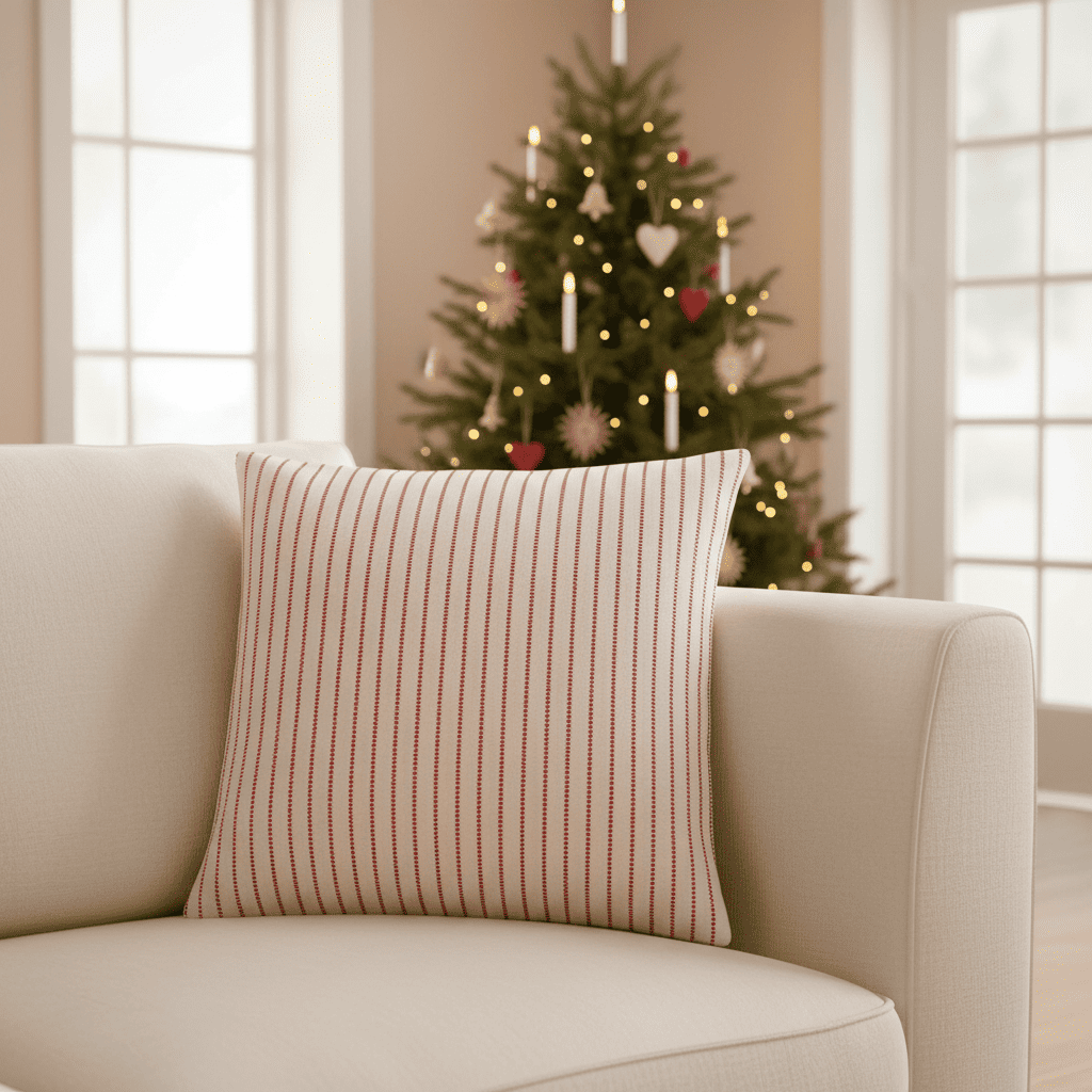 Kissenbezug Holly natur mit roten eingewebten Streifen