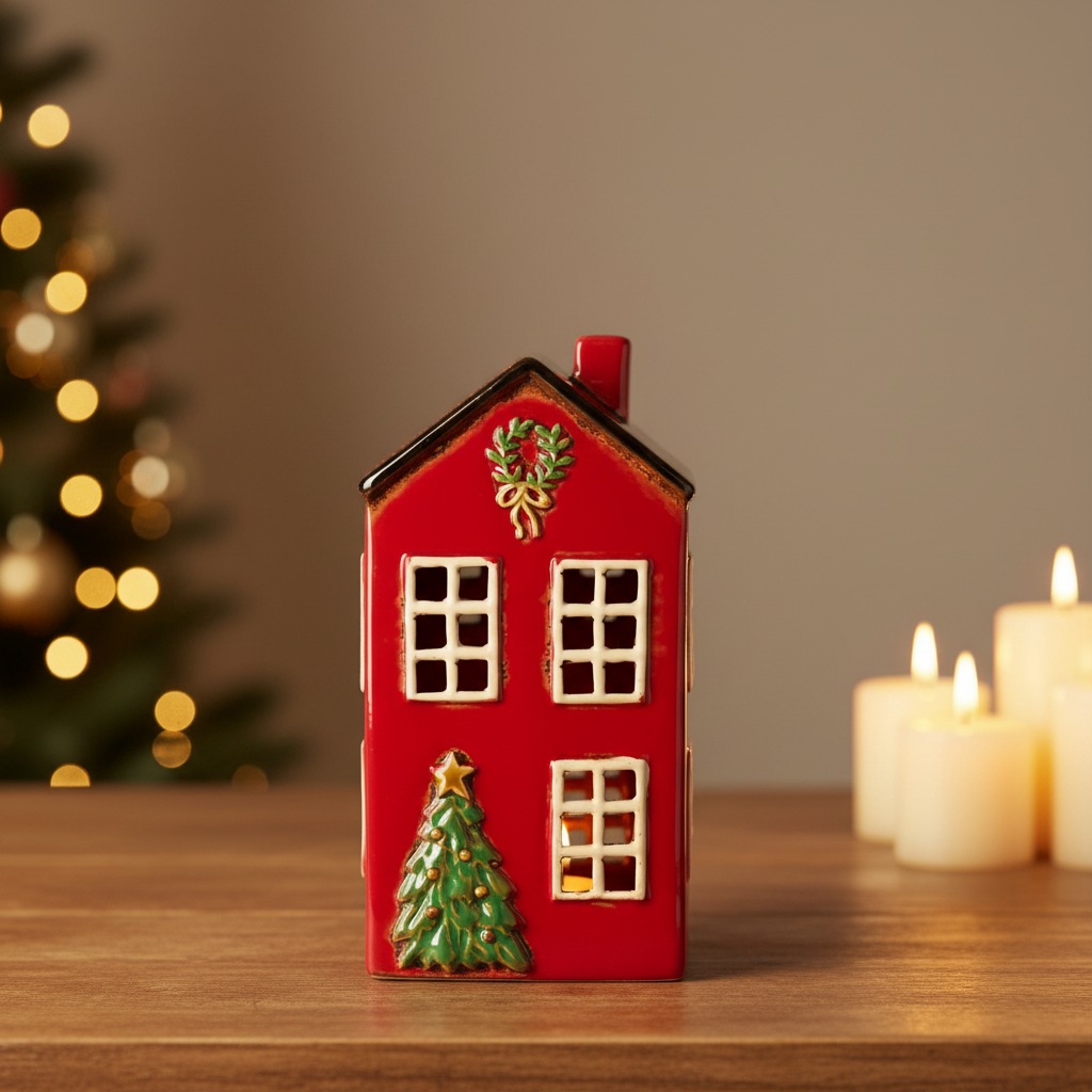 Teelicht Haus Ib Laursen mit Tannenbaum vor dem Haus