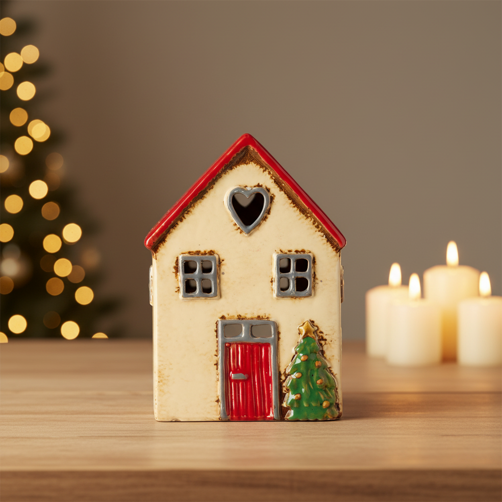Teelicht Haus Ib Laursen mit Tannenbaum vor dem Haus beige rotes Dach