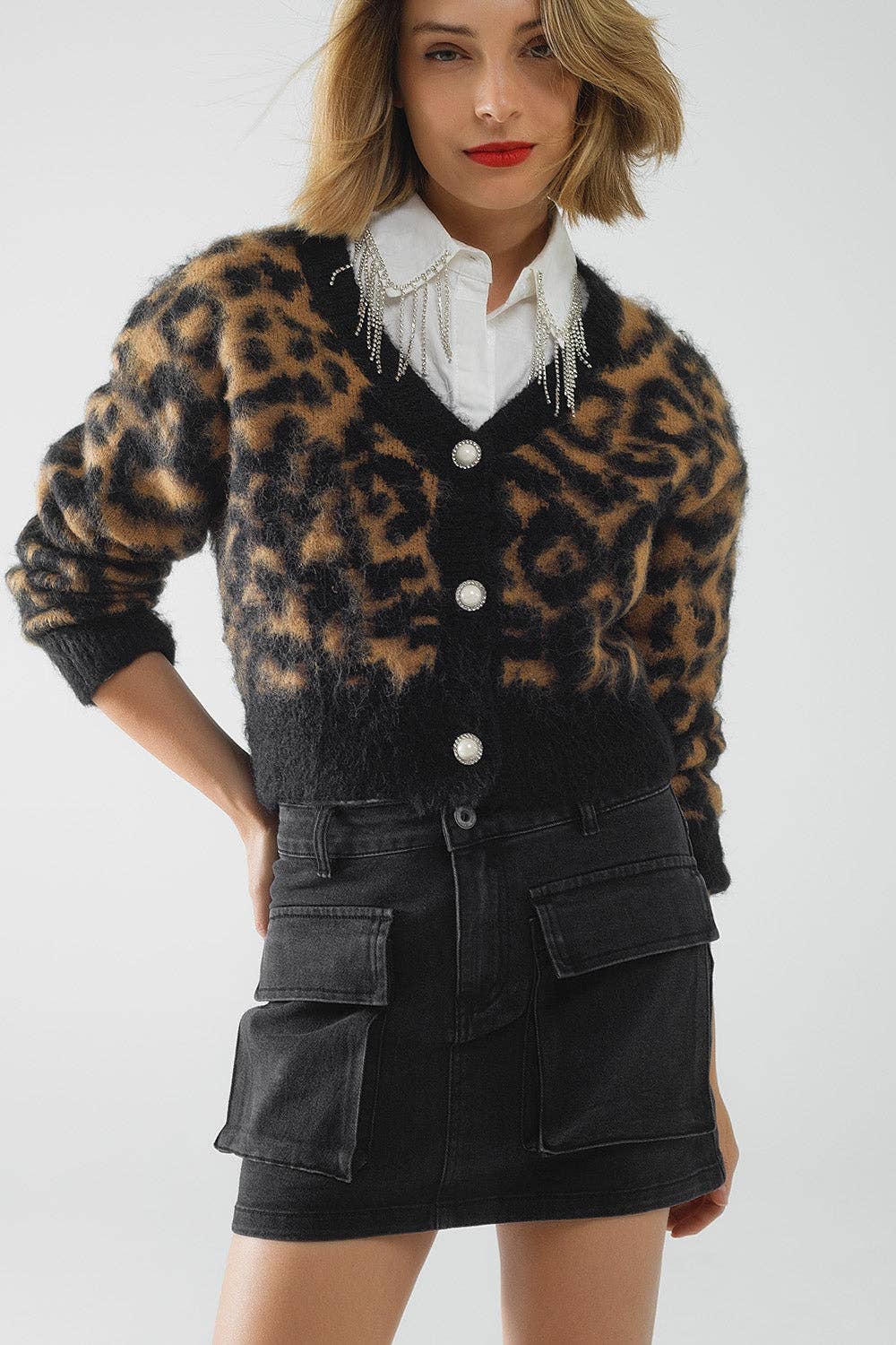 Leopardenmuster-Cardigan aus Strickstoff mit Wolle in Camel