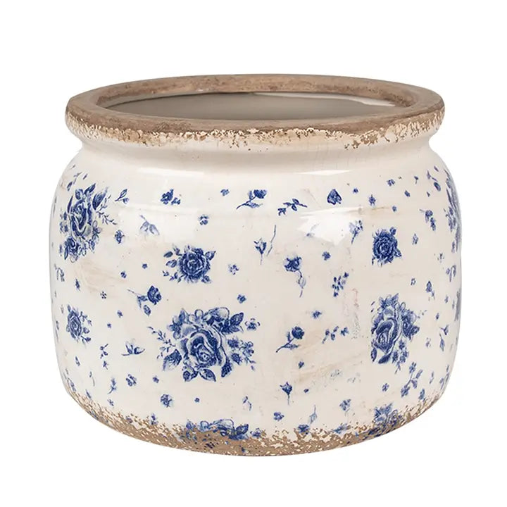 Pflanzgefäß Ø 20x15 cm blau beige Keramik Rosen Innenbereich