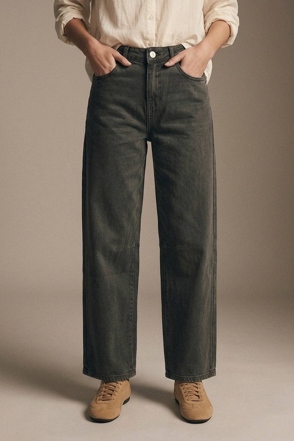 Khaki Vintage-Waschung Denim Wide-Leg-Jeans mit Naht am Knie