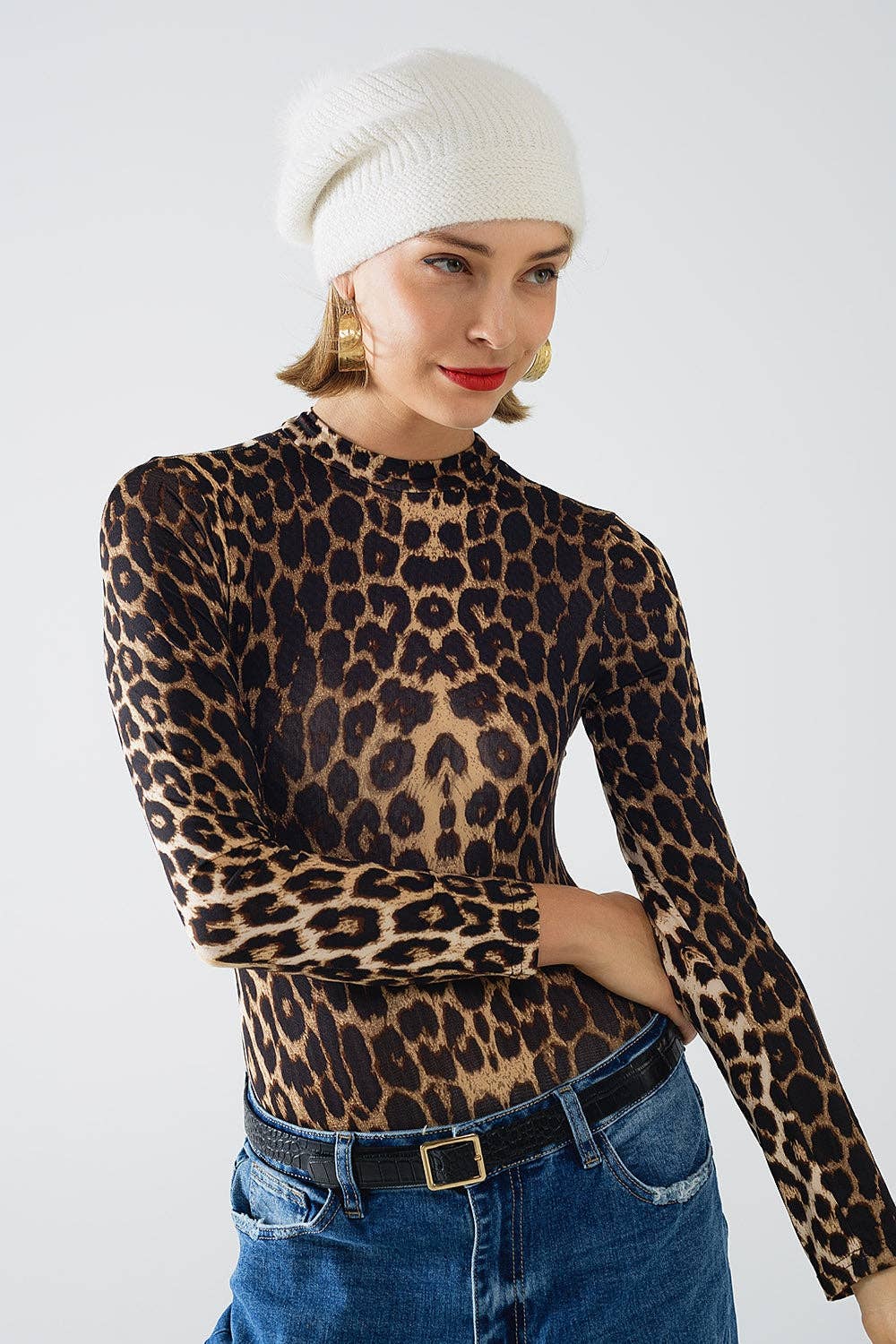 Langarmshirt / Body aus Elastan mit Leopardenmuster