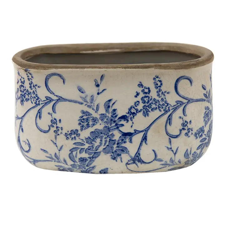 6CE1398L länglicher Blumentopf, Oval, aus Keramik, blau, weiß