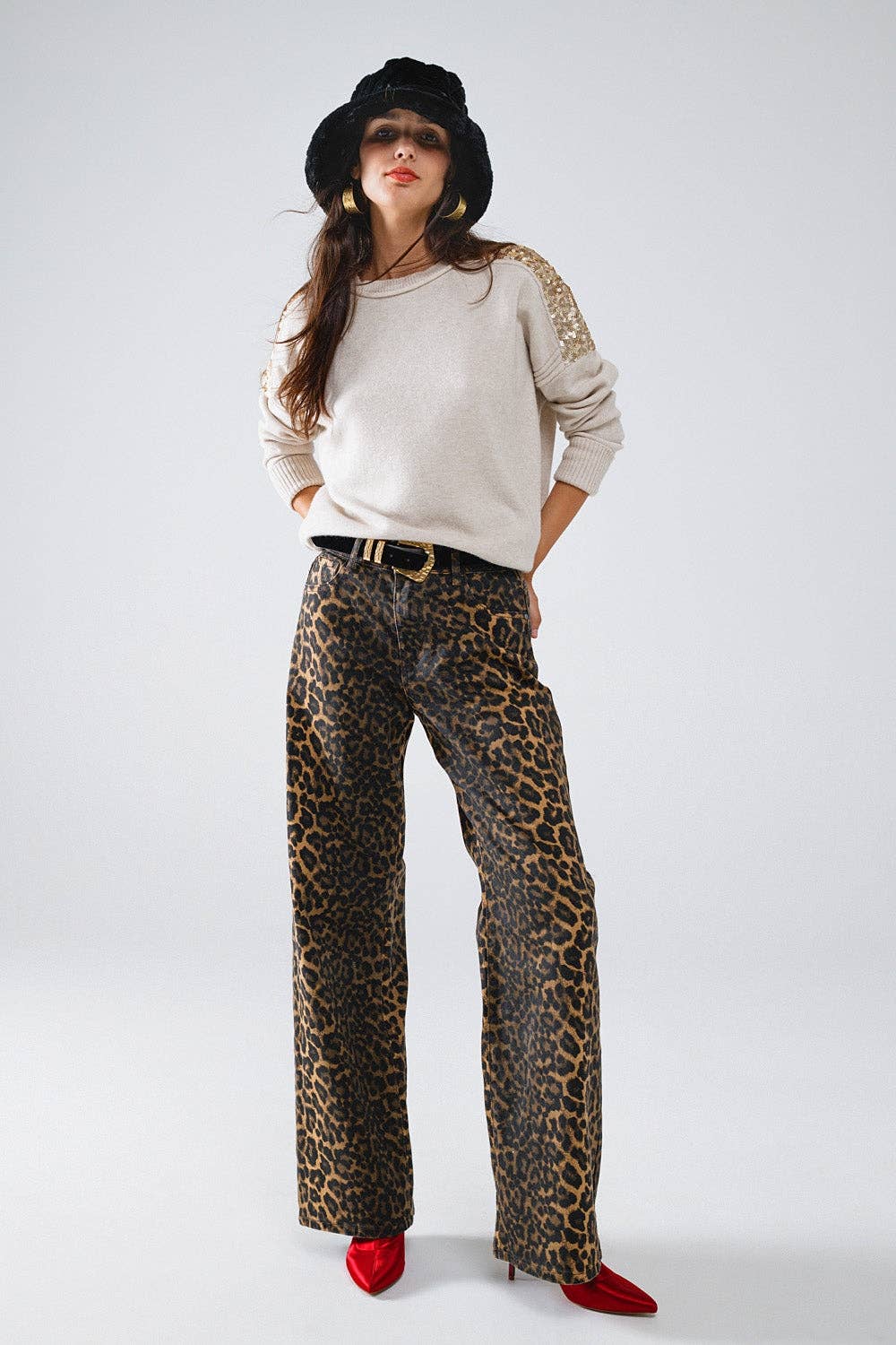 Leopardenmuster-Jeans mit geradem Bein