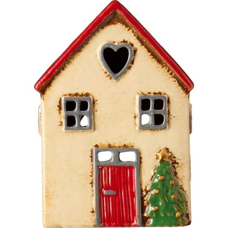 Teelicht Haus Ib Laursen mit Tannenbaum vor dem Haus beige rotes Dach