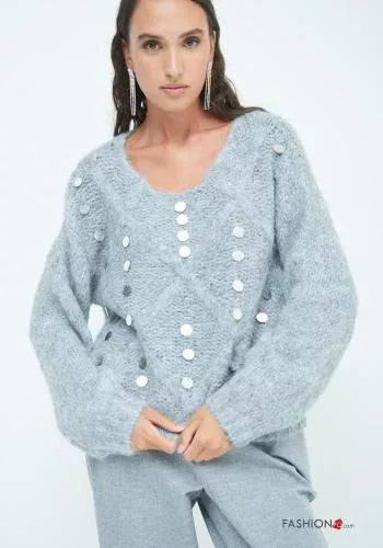 Strickpullover aus Wollmischung mit Pailletten mit V-Ausschnitt